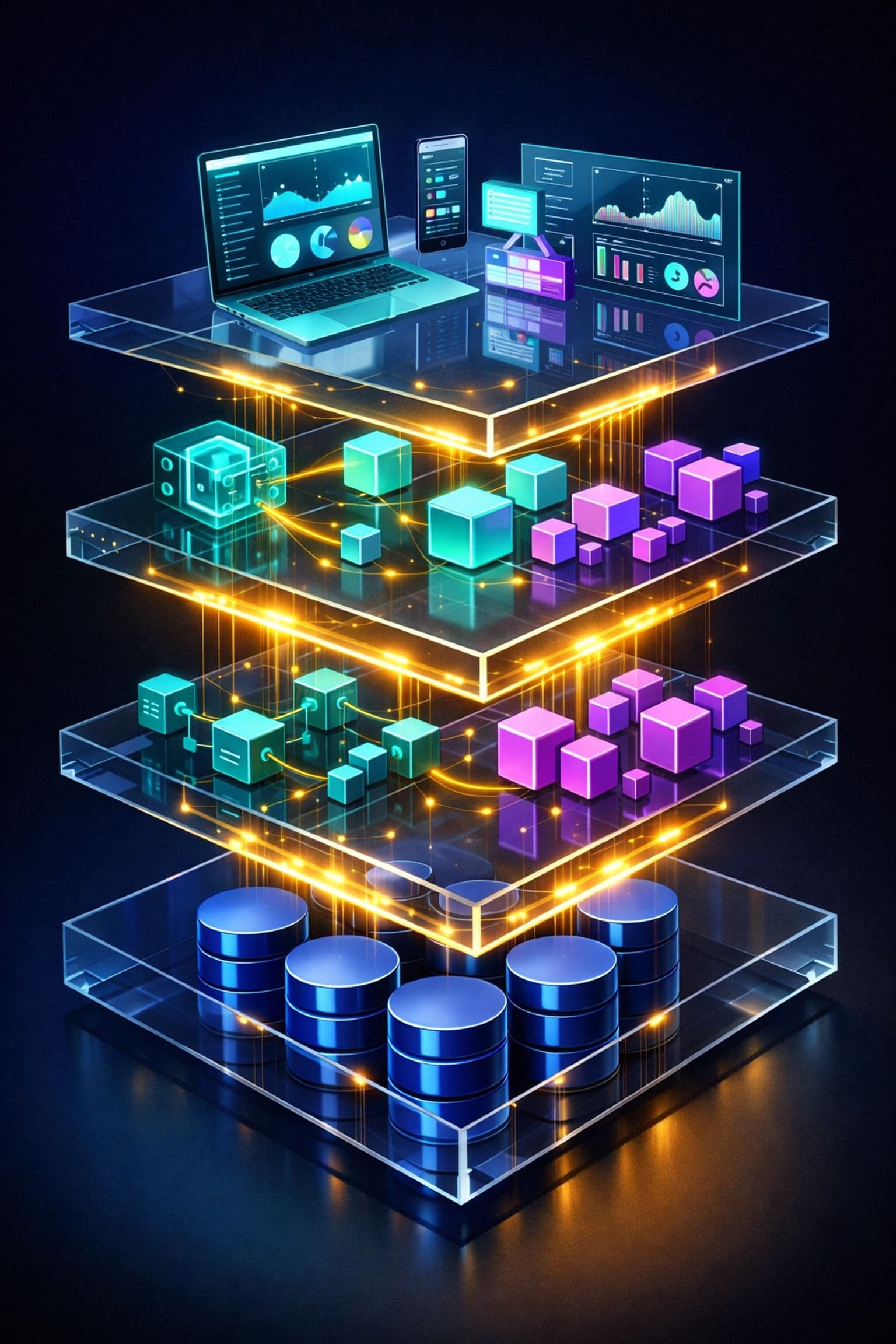 Layered diagram of a full-stack system with abstract data/code blocks
